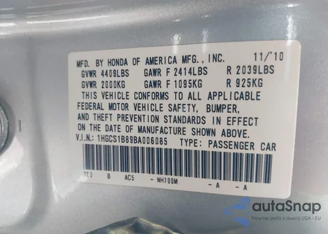 2011 Honda Accord 2.4 Ex-L from USA, damaged, VIN 1HGCS1B89BA006085